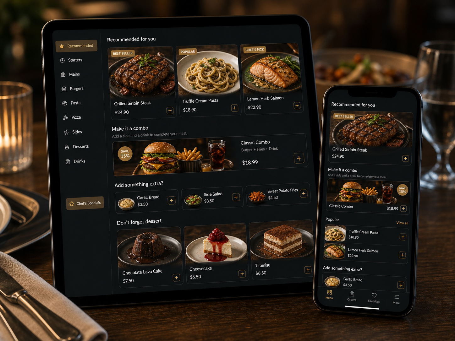 Smart Menu interface with recommended dishes combos and add-ons