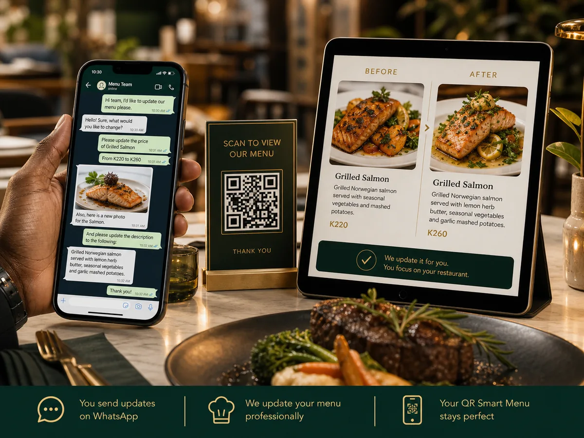 Restaurant owner sending menu changes by WhatsApp for a QR Smart Menu update